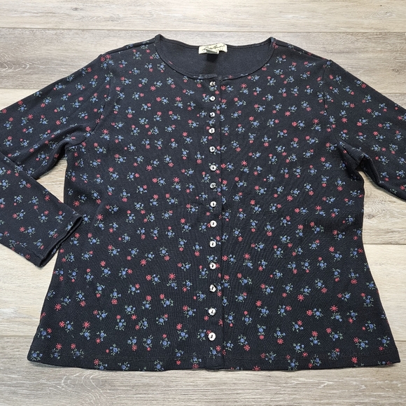 Eddie Bauer Black Micro Floral Button Up Sweater Cardigan Women's XL Long Sleeve - Picture 1 of 6